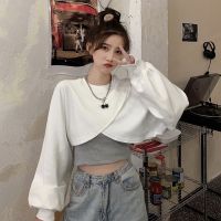 短款卫衣两件套女2021春秋新款宽松爵士高腰ins辣妹叠穿露脐上衣