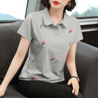 新疆95棉 夏装新款韩版翻领女上衣百搭宽松运动t恤半袖绣花polo衫