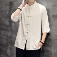 夏季中国风男装中式唐装棉麻短袖七分袖衬衣复古亚麻衬衫男士上衣