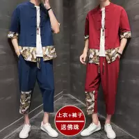 中国风男装青年夏季盘扣印花拼接唐装两件套棉麻中式套装汉服潮