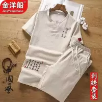 夏季中国风亚麻套装男潮休闲棉麻短袖t恤男士唐装禅服男装衣服