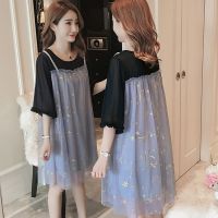 装夏装新款连衣裙雪纺网纱加亮片假两件套小个子裙子