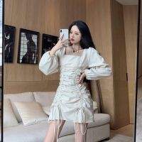 韩版新款时尚大码连衣裙修身显瘦抽褶系带泡泡袖短裙女潮