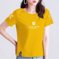 棉短袖t恤女韩版圆领印花休闲百搭夏季镂空开叉体恤衫女装上衣