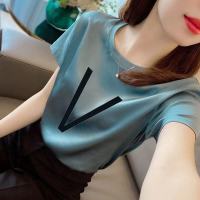 夏季新款仿真丝缎面女装时尚气质印花t恤圆领宽松显瘦短袖上衣ins