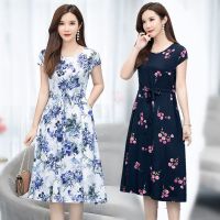 中年棉绸连衣裙中长款过膝短袖裙子中老年女装夏30-40-50岁妈妈装