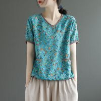 杭州新款夏装v领短袖t恤女宽松民族风碎花棉麻轻薄款上衣