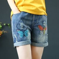 牛仔短裤女夏季新款复古宽松刺绣松高腰紧腰大码卷边阔腿裤百搭裤