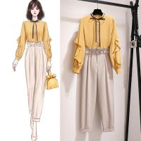 单件/套装 春秋套装女2021新款时尚宽松衬衫女洋气九分裤两件套女