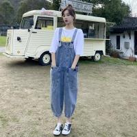 大码300斤胖mm牛仔背带裤短t两件套女韩版宽松减龄九分阔腿裤24