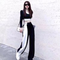 酷盐系高腰阔腿裤套装女夏短款t恤港风运动休闲御姐炸街时尚减龄