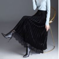 两面穿百褶裙女秋冬新款高腰蕾丝纱裙半身打底裙中长修身显瘦