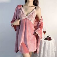 秋冬新款金丝绒睡衣女带胸垫美背吊带睡裙两件套可外穿家居服套装