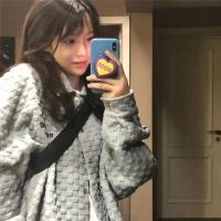 韩版chic华夫格外套女2021早秋新款设计感灰色polo领卫衣学生上衣