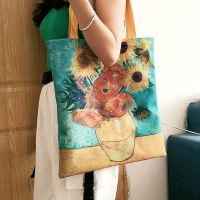 日系梵高复古油画印花手提帆布包环保袋女大容量单肩包购物袋女