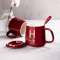 家用陶瓷杯创意马克杯带盖勺酒红色水杯男女咖啡杯学生杯子礼品杯