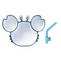 一体式硅胶餐盘宝宝学吃饭吸盘碗防摔倒防滑硅胶吸管餐盘碗套装