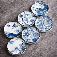 品茗茶杯杯垫6个茶杯托陶瓷圆形复古青花釉下彩防烫隔热茶道配件