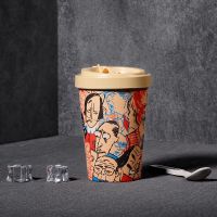 送吸管勺子杯套带盖热水杯咖啡杯奶茶杯手绘竹纤维环保吸管杯