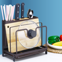 厨房多功能落地铁艺原木刀架砧板收纳置物筷子笼菜刀板锅盖架一体