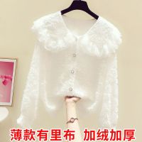 2021秋冬新款韩版网红加绒加厚蕾丝边大翻领衬衫女休闲雪纺衬衣潮