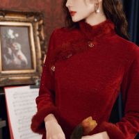 秋冬长袖旗袍2021改良版新娘结婚仿水貂毛复古气质中长款小礼服女