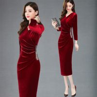 秋冬改良旗袍连衣裙2021新款遮肚长款礼服裙优雅气质金丝绒裙子女