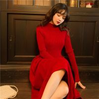 毛衣裙女冬季长款连衣裙2020秋冬新款红色针织裙过膝气质红裙子