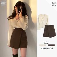 港风套装女复古chic高腰不规则裤裙毛衣两件套ins小个子2021新款