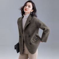 二八月感外套女潮ins百搭春秋新款韩版休闲格子西装双面呢