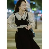 法式赫本风黑色拼接连衣裙女2021秋装新款气质复古中长款a字裙女