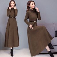 2021秋冬加绒保暖连衣裙阔太太中长款宽松高领修身显瘦打底长裙女