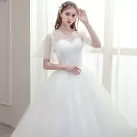 主婚纱礼服2021新款韩版新娘一字肩孕妇修身显瘦森系蕾丝v领齐地