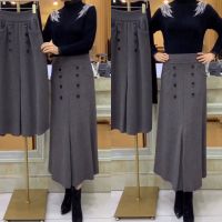 秋冬新款羊毛羊绒a字裙双排扣口袋裙气质通勤百搭中长裙修身显瘦