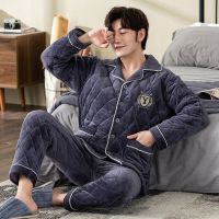冬季睡衣男士三层加厚加绒保暖珊瑚绒夹棉袄套装可外穿大码家居服