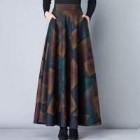 秋冬毛呢印花半身裙女2021新款高腰大码中长款a字大摆裙显瘦长裙