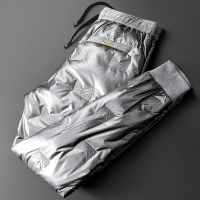 冬季加厚男女情侣压胶亮面户外防水御寒保暖裤小脚运动羽绒棉裤男