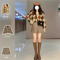 秋冬小个子港风复古chic毛衣开衫百褶裙名媛气质两件套装女
