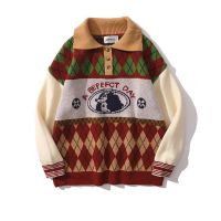 日系复古2021秋冬拼色格子衫毛衣男女宽松isn情侣慵懒风针织衫潮