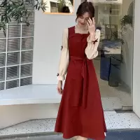 2021早秋女灯芯绒中长款赫本风气质法式复古蝴蝶结泡泡袖连衣裙女