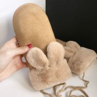 手套冬季女士韩版可爱麂皮绒连指挂脖学生骑车加绒加厚保暖棉手套