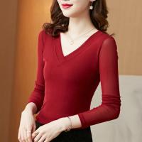 网纱打底衫内搭春秋v领洋气修身上衣女新款时尚长袖t恤大码女装