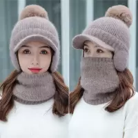 兔毛棒球帽女韩版新款毛线帽秋冬护耳显脸小套头帽加绒帽保暖围脖