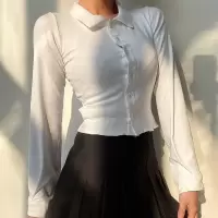 欧美辣妹风复古可爱少女简约修身polo长袖t恤女翻领花边开衫上衣