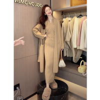 温柔慵懒风针织长款披肩开衫外套女春秋季气质毛衣配裙子两件套装