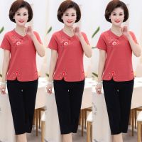 妈妈夏装短袖套装棉麻t恤上衣50岁60中老年女洋气两件套时尚休闲4