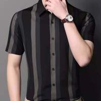 短袖无痕衬衫条纹免烫新款冰丝蚕丝商务休闲同款半袖衬衣