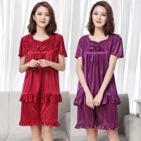 睡衣女夏季仿真丝大码短袖冰丝胖mm蕾丝睡裙家居服套装5xl码220斤