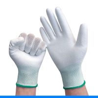 12双装薄款灰色涂指涂掌pu胶手套劳保防滑耐磨透气工作防护防静电