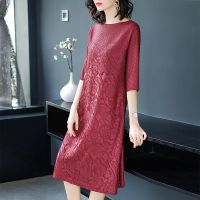 三宅褶皱阔太太连衣裙2021秋装新款女婚礼服宽松喜婆婆贵夫人